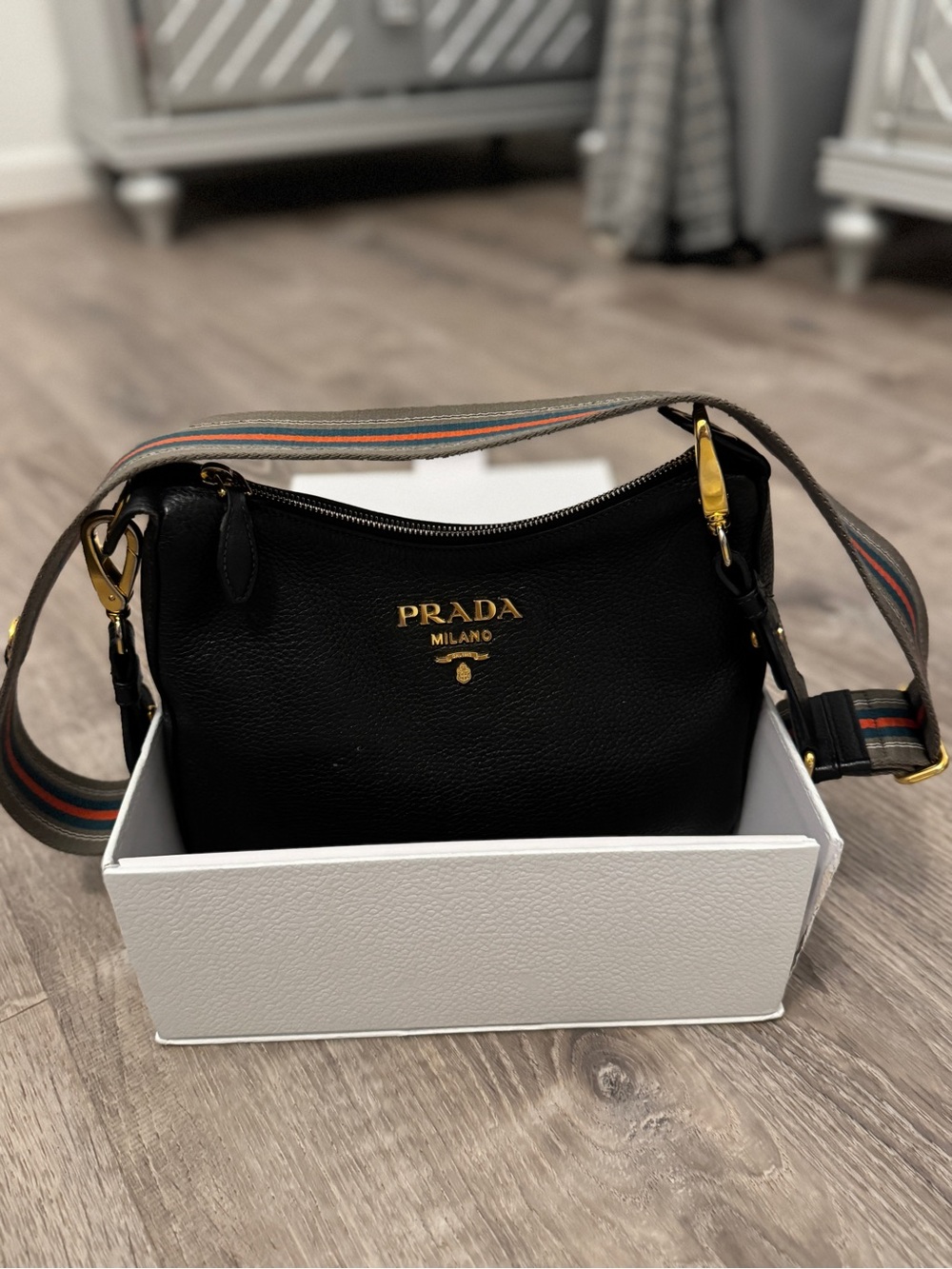 Prada Black Leather Crossbody with Striped Web Strap